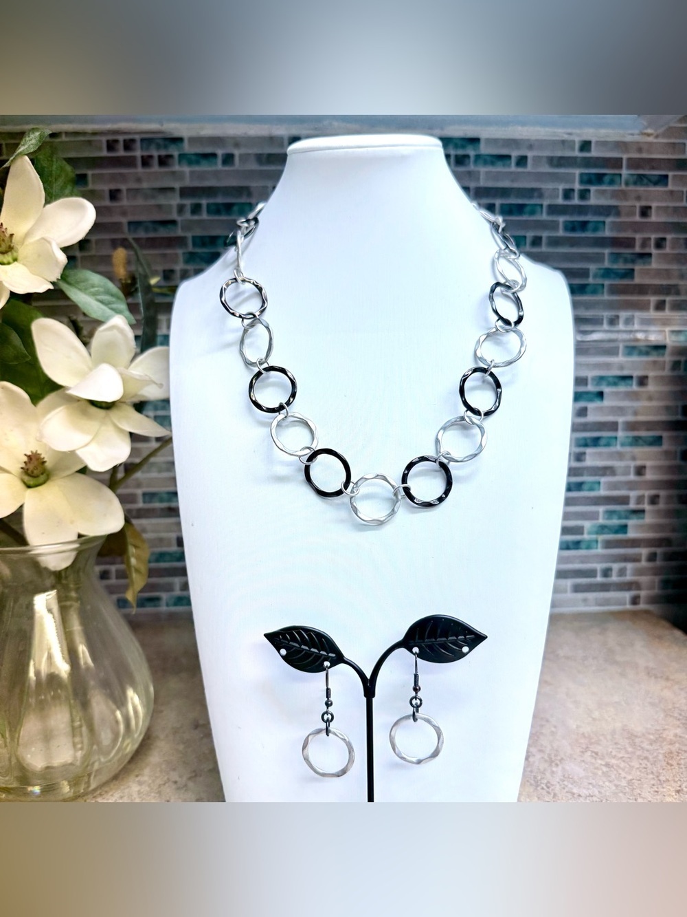 Silver and gunmetal necklace earring set
